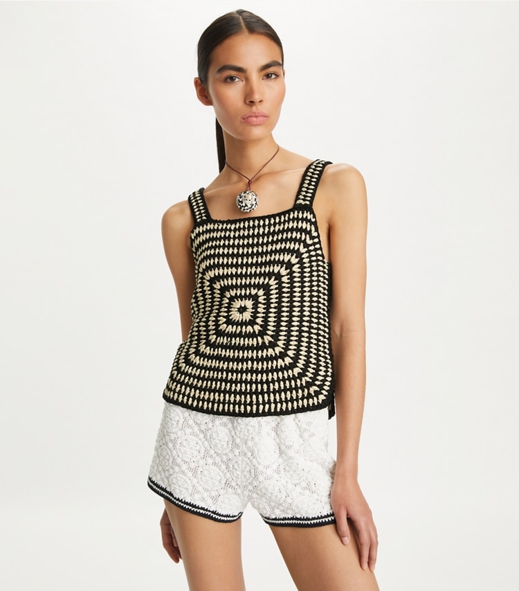 Tory Burch designer tops Cotton Crochet Tank Top in Black / White on model detail