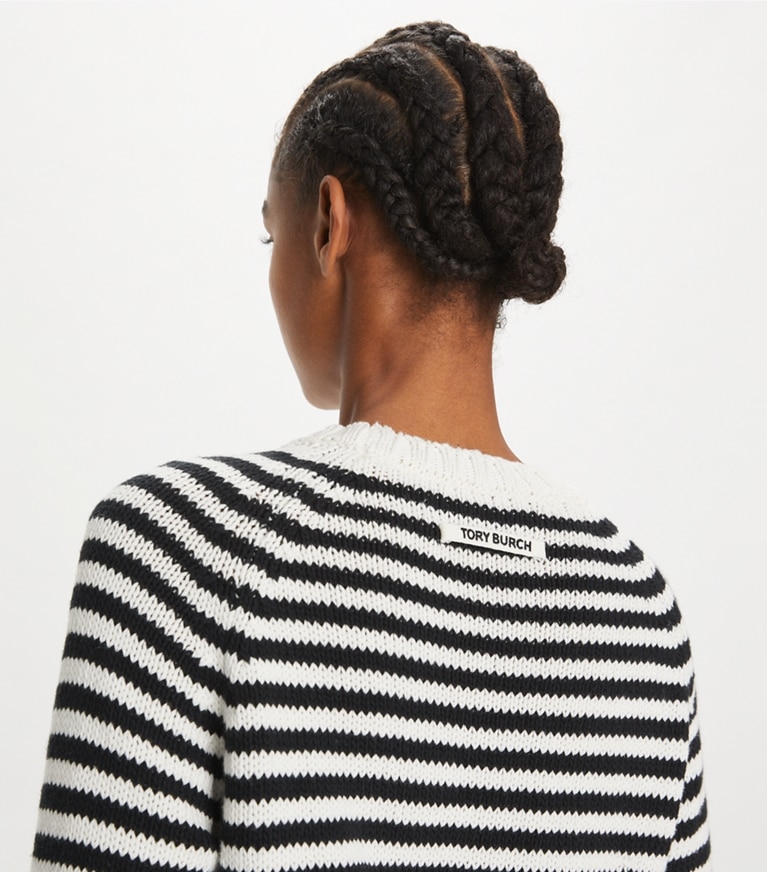Tory Sport designer sweaters Cotton Cropped Sweater in Black / Snow White front