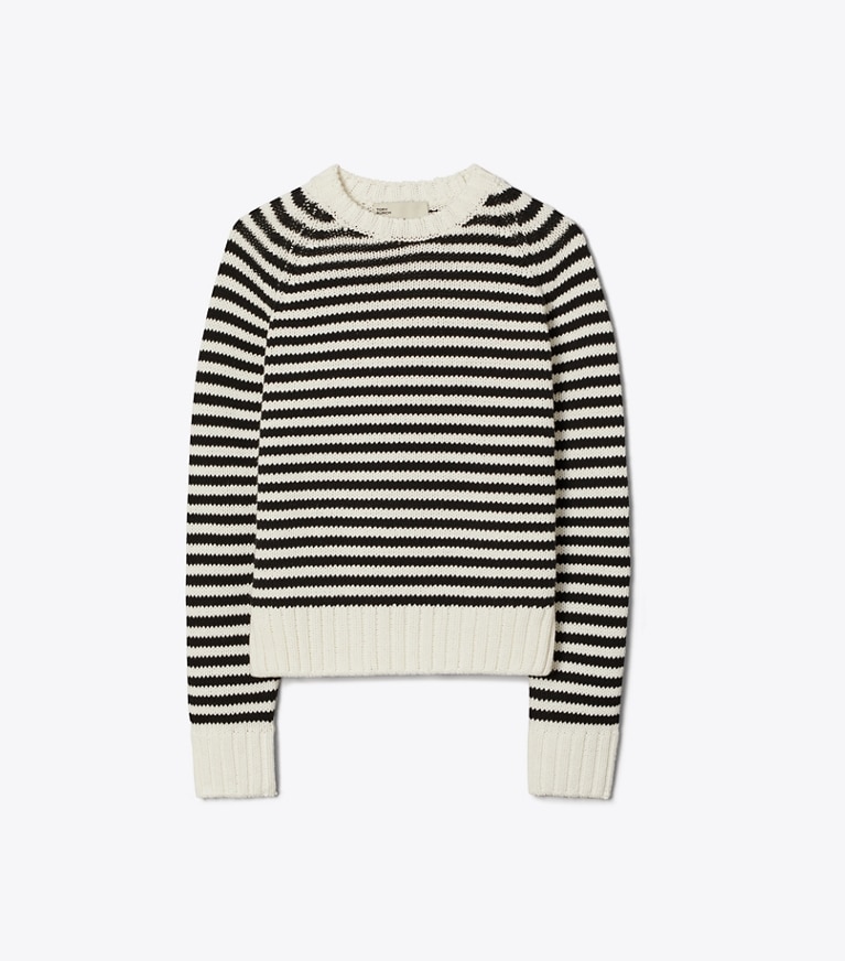 Tory Sport designer sweaters Cotton Cropped Sweater in Black / Snow White front