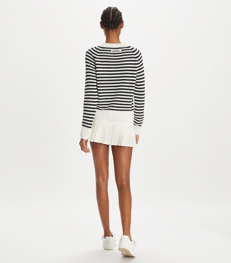 Tory Sport designer sweaters Cotton Cropped Sweater in Black / Snow White front
