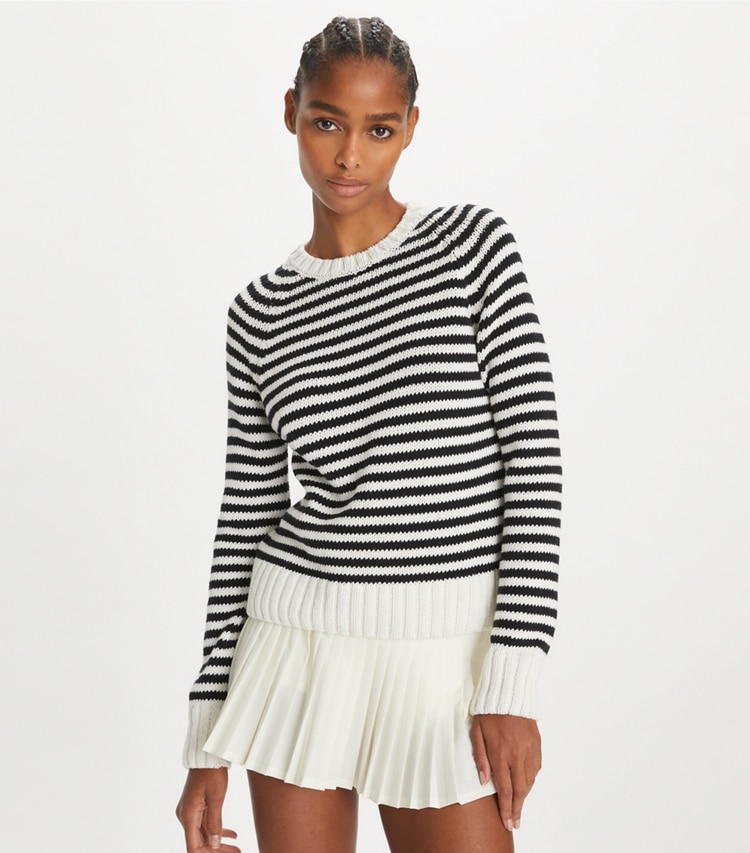 Tory Sport designer sweaters Cotton Cropped Sweater in Black / Snow White on model detail
