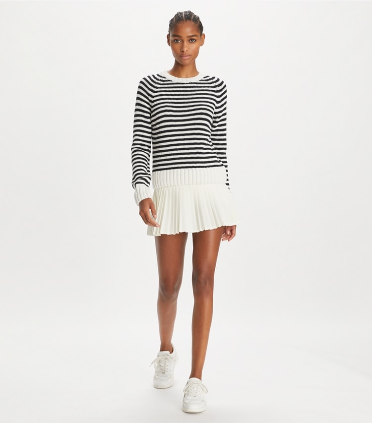 Tory Sport designer sweaters Cotton Cropped Sweater in Black / Snow White on model front