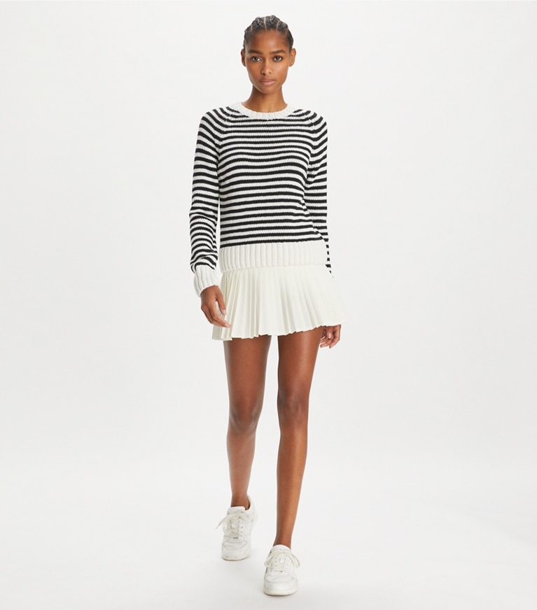 Tory Sport designer sweaters Cotton Cropped Sweater in Black / Snow White front