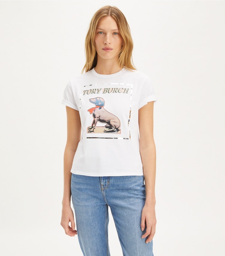 Tory Burch designer tops Cotton Dachsund T-Shirt in White Dachsund on model detail