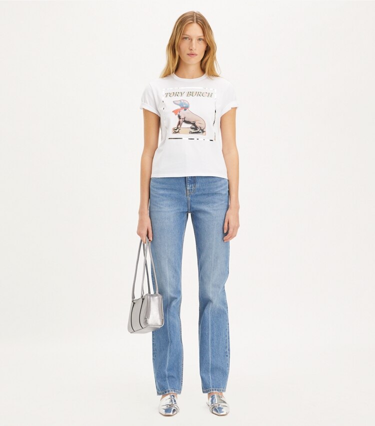 Tory Burch designer tops Cotton Dachsund T-Shirt in White Dachsund on model front