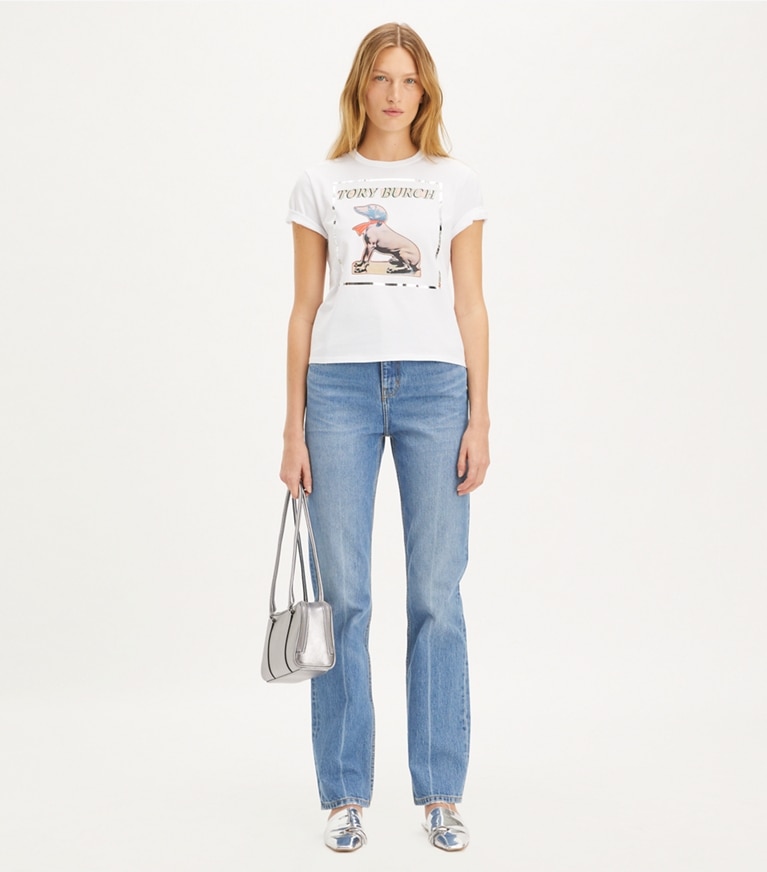 Tory Burch designer tops Cotton Dachsund T-Shirt in White Dachsund front