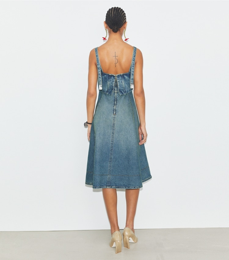 Tory Burch designer dresses Cotton Denim Dress in Classic Vintage Blue Wash on model back