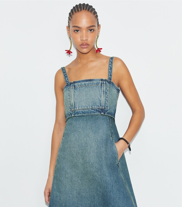 Tory Burch designer dresses Cotton Denim Dress in Classic Vintage Blue Wash front