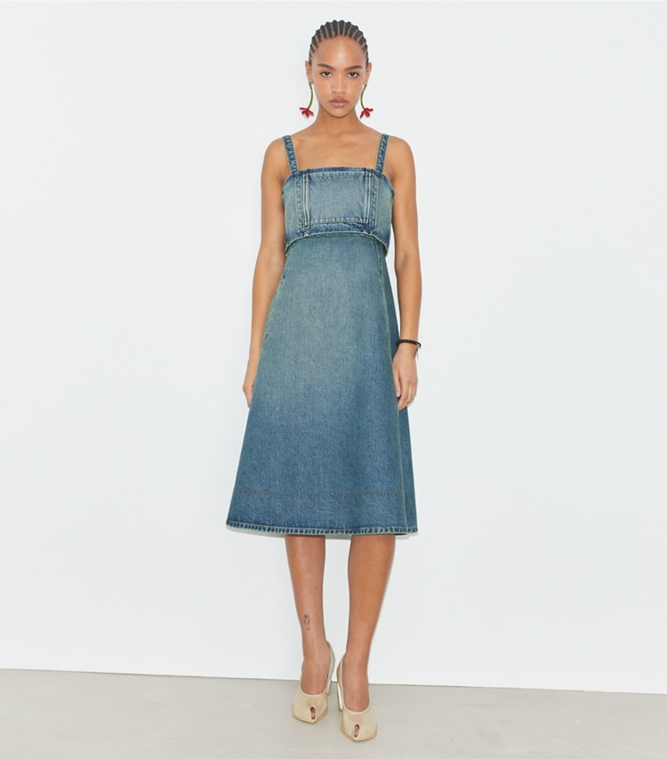 Tory Burch designer dresses Cotton Denim Dress in Classic Vintage Blue Wash on model front