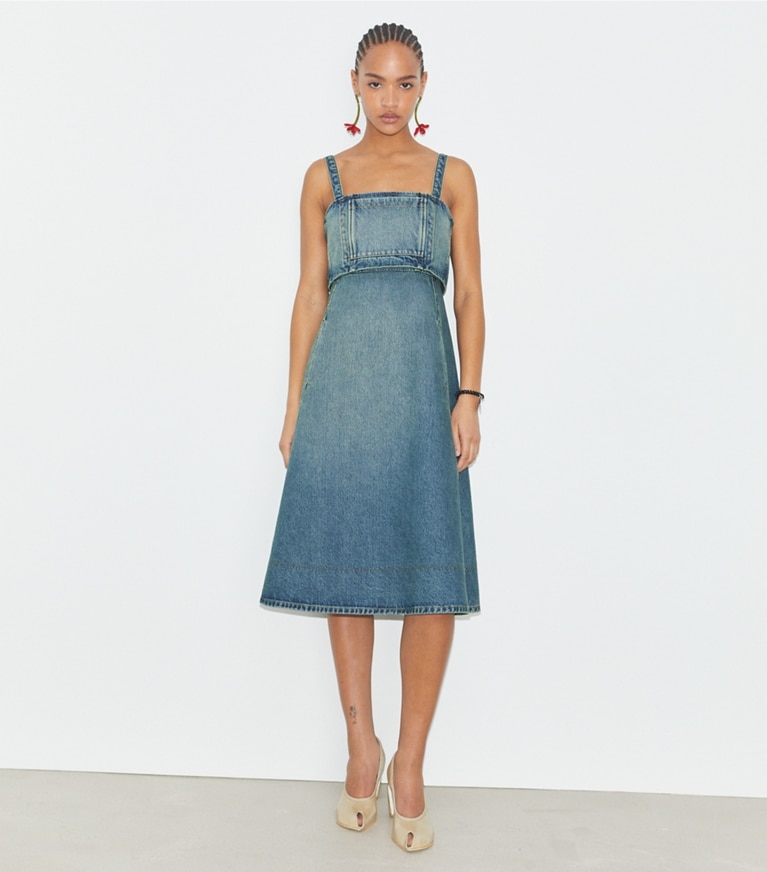 Tory Burch designer dresses Cotton Denim Dress in Classic Vintage Blue Wash front