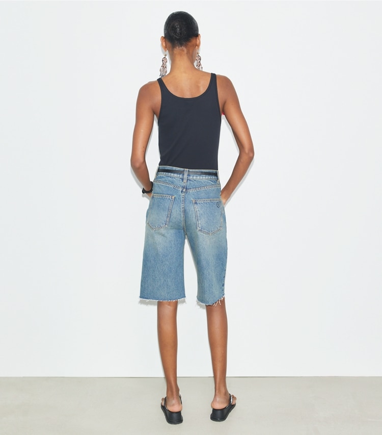 Tory Burch designer bottoms Cotton Denim Short in Vintage Blue Wash on model back