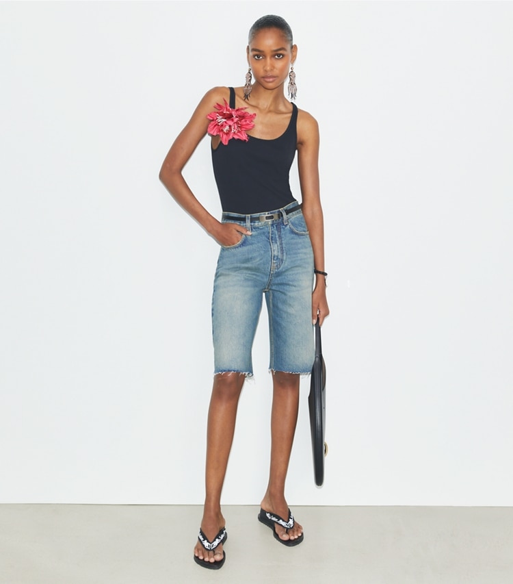 Tory Burch designer bottoms Cotton Denim Short in Vintage Blue Wash on model front