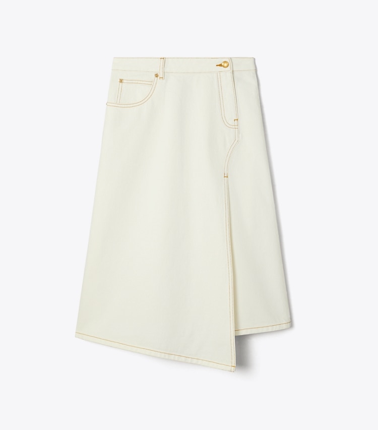 Tory Burch designer bottoms Cotton Denim Skirt in White Chalk Wash front