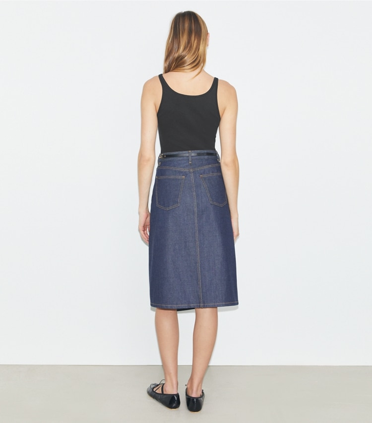 Tory Burch designer bottoms Cotton Denim Skirt in Raw/Unwashed on model back