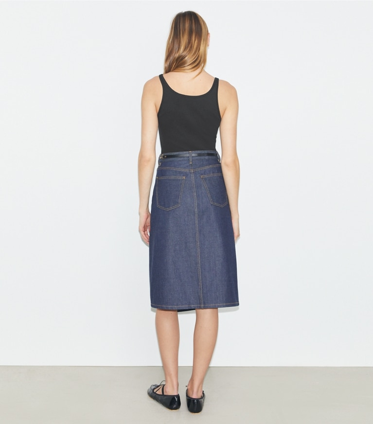 Tory Burch designer bottoms Cotton Denim Skirt in Raw/Unwashed front