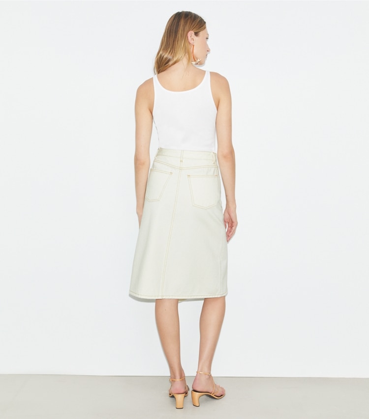 Tory Burch designer bottoms Cotton Denim Skirt in White Chalk Wash on model back