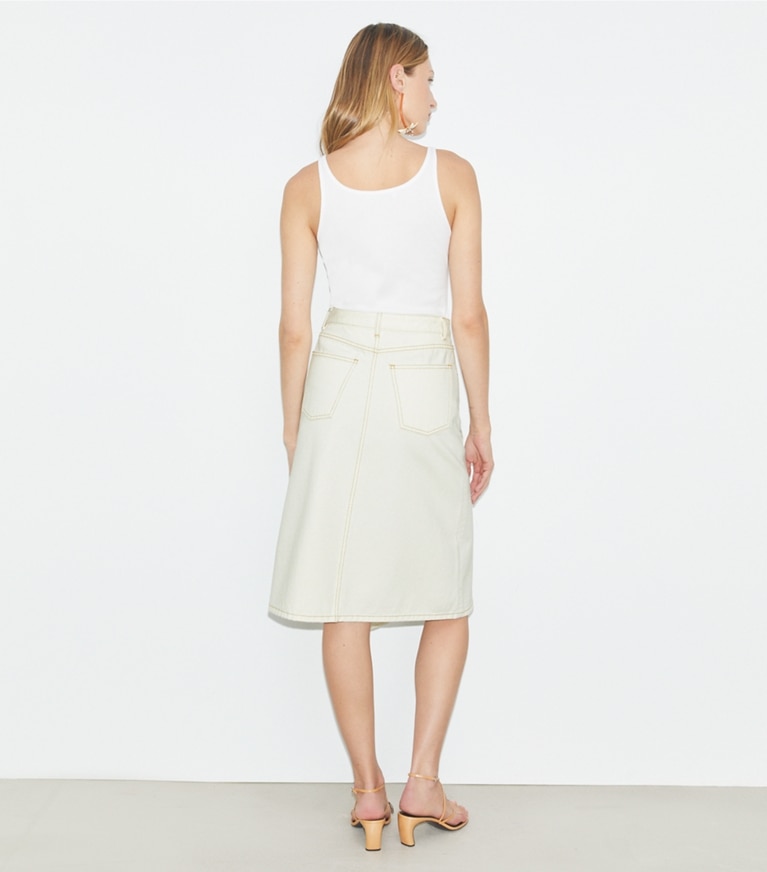 Tory Burch designer bottoms Cotton Denim Skirt in White Chalk Wash front