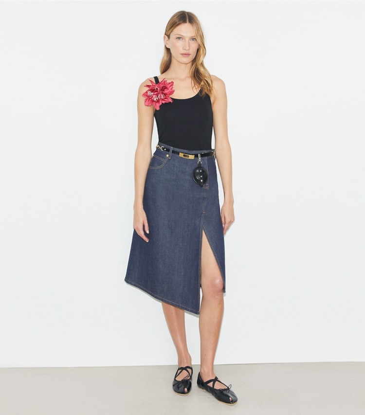 Tory Burch designer bottoms Cotton Denim Skirt in Raw/Unwashed on model front
