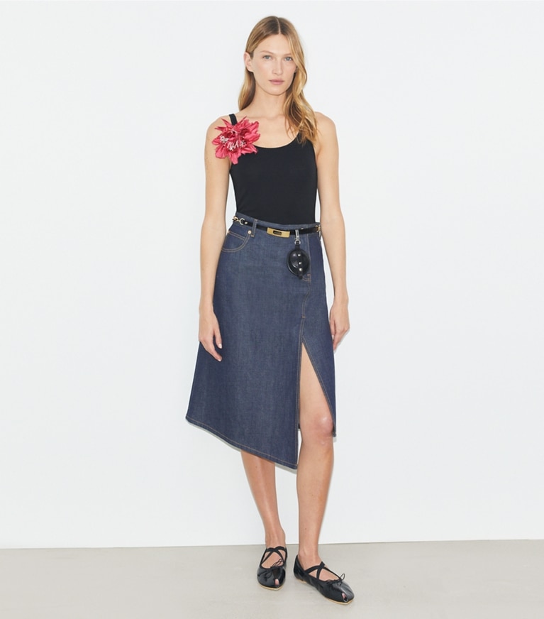 Tory Burch designer bottoms Cotton Denim Skirt in Raw/Unwashed front