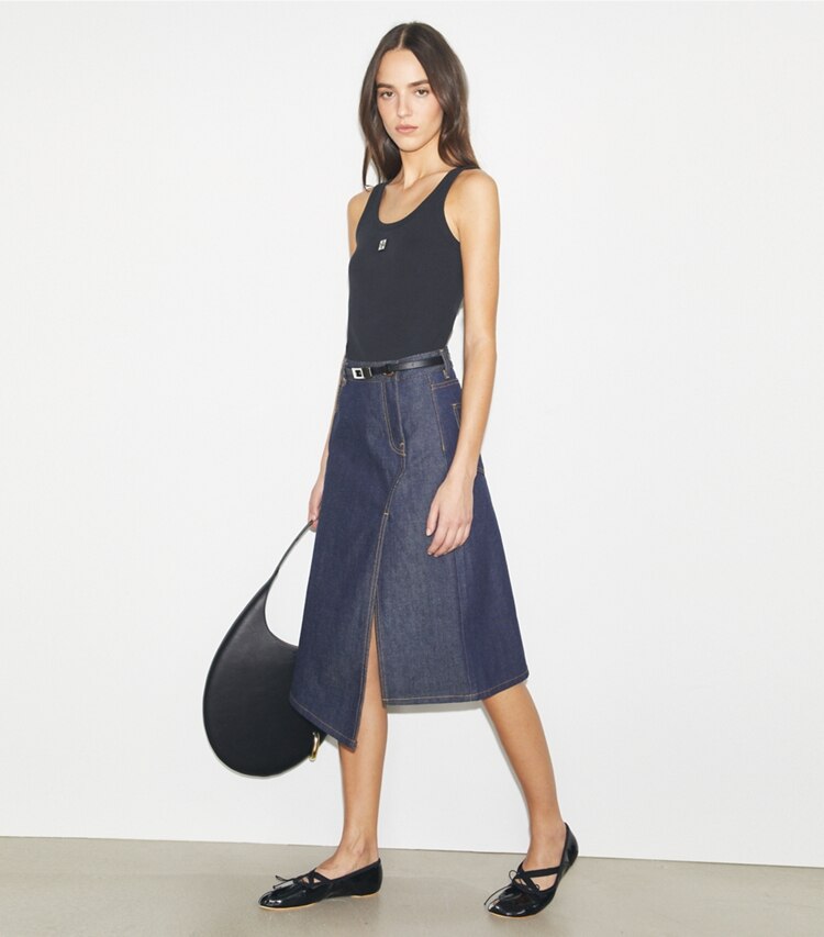 Tory Burch designer ボトムス コットン デニムスカート in Raw/Unwashed モデル前面