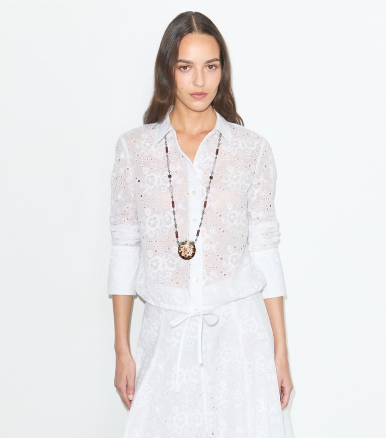 Tory Burch designer tops Cotton Eyelet Blouse in White on model detail