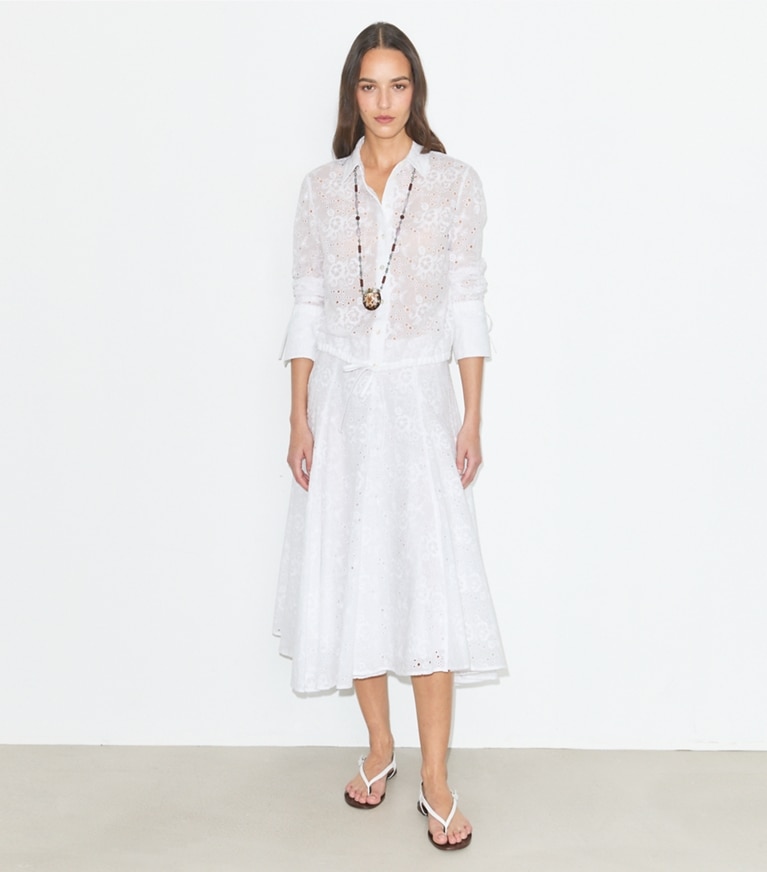Tory Burch designer tops Cotton Eyelet Blouse in White on model front