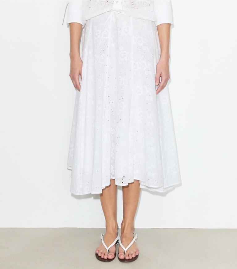 Tory Burch designer bottoms Cotton Eyelet Skirt in White on model detail