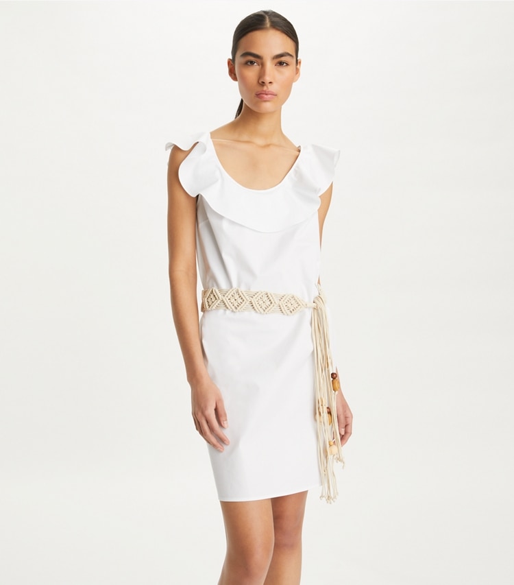 Tory Burch designer coverups Cotton Flounce Dress in White on model detail
