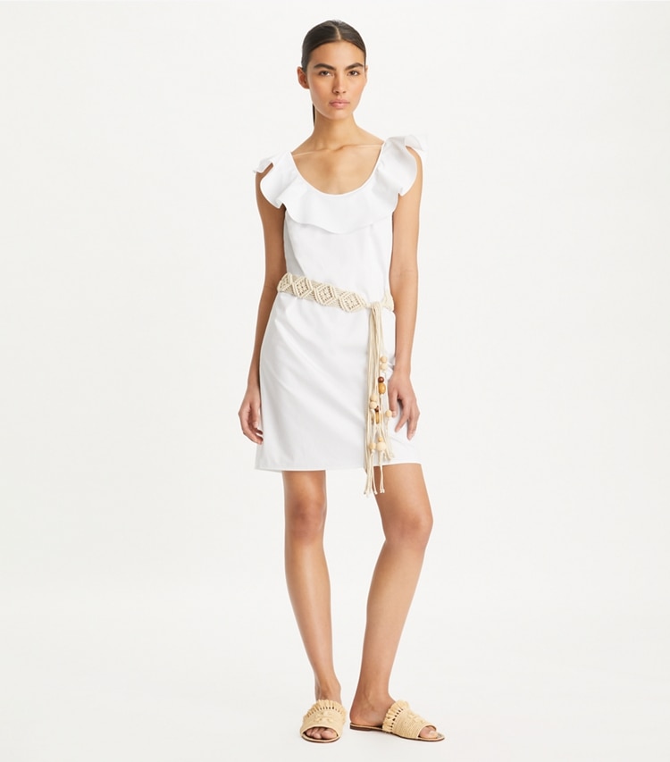 Tory Burch designer coverups Cotton Flounce Dress in White on model front