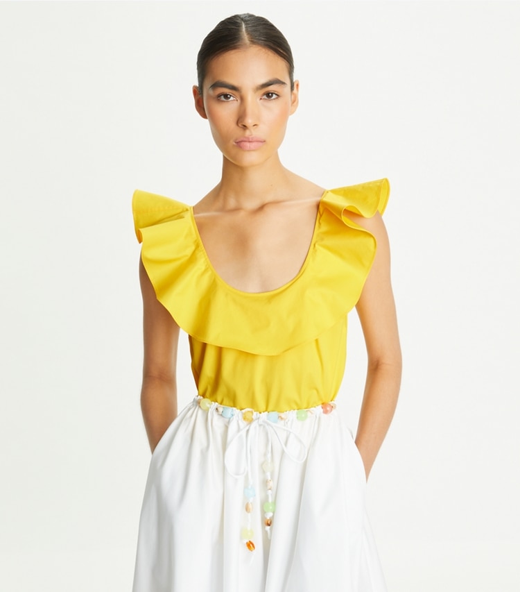 Tory Burch designer coverups Cotton Flounce Top in Yellow Lemon on model detail