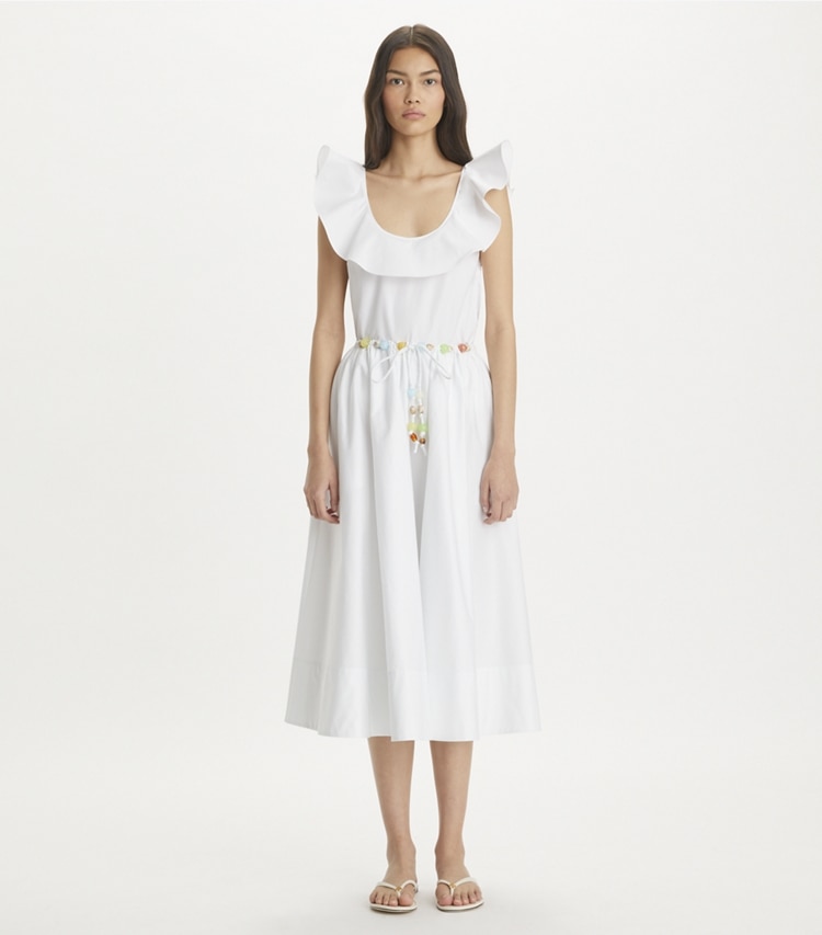 Tory Burch designer coverups Cotton Flounce Top in White on model front