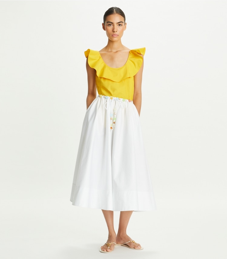 Tory Burch designer coverups Cotton Flounce Top in Yellow Lemon on model front