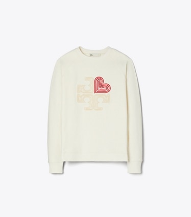 Tory Burch designer ジャケット コットン ハート ロゴ クルーネック in French Cream front