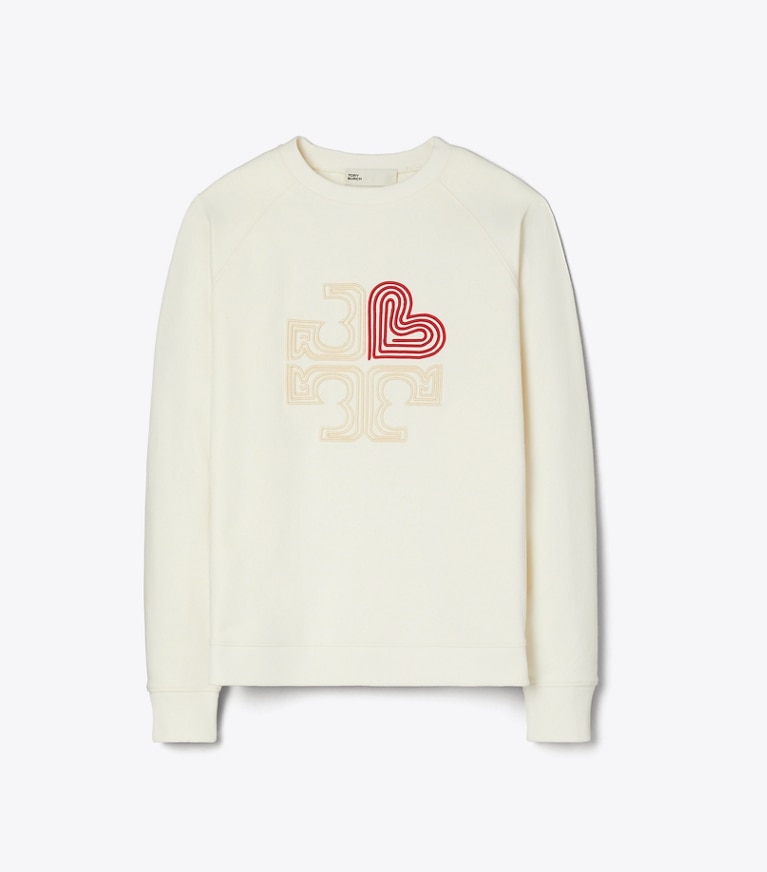 Tory Burch designer ジャケット コットン ハート ロゴ クルーネック in French Cream front