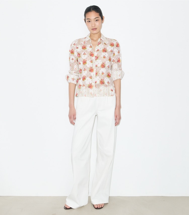 Tory Burch designer tops Cotton Jacquard Shirt in Multi Floral on model front