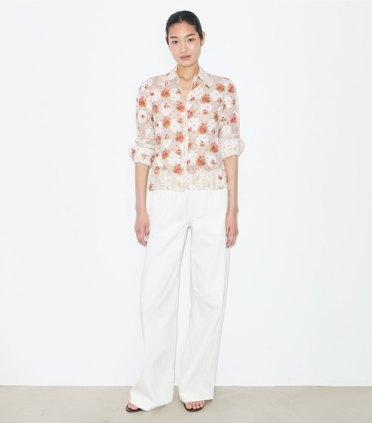 Tory Burch designer tops Cotton Jacquard Shirt in Multi Floral on model front
