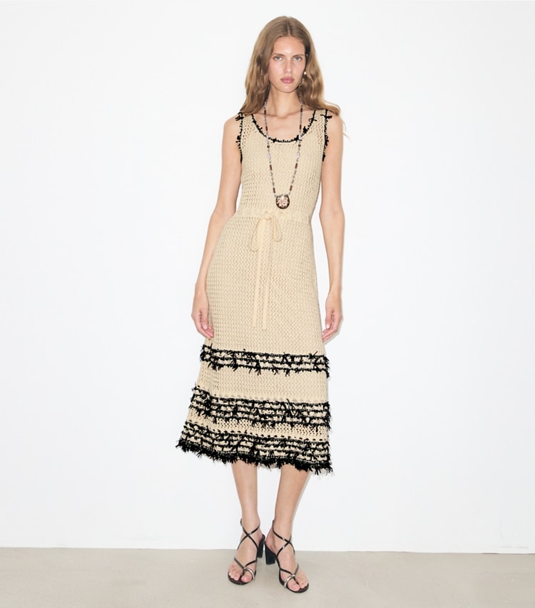 Tory Burch designer dresses Cotton Knit Dress in French Cream on model front