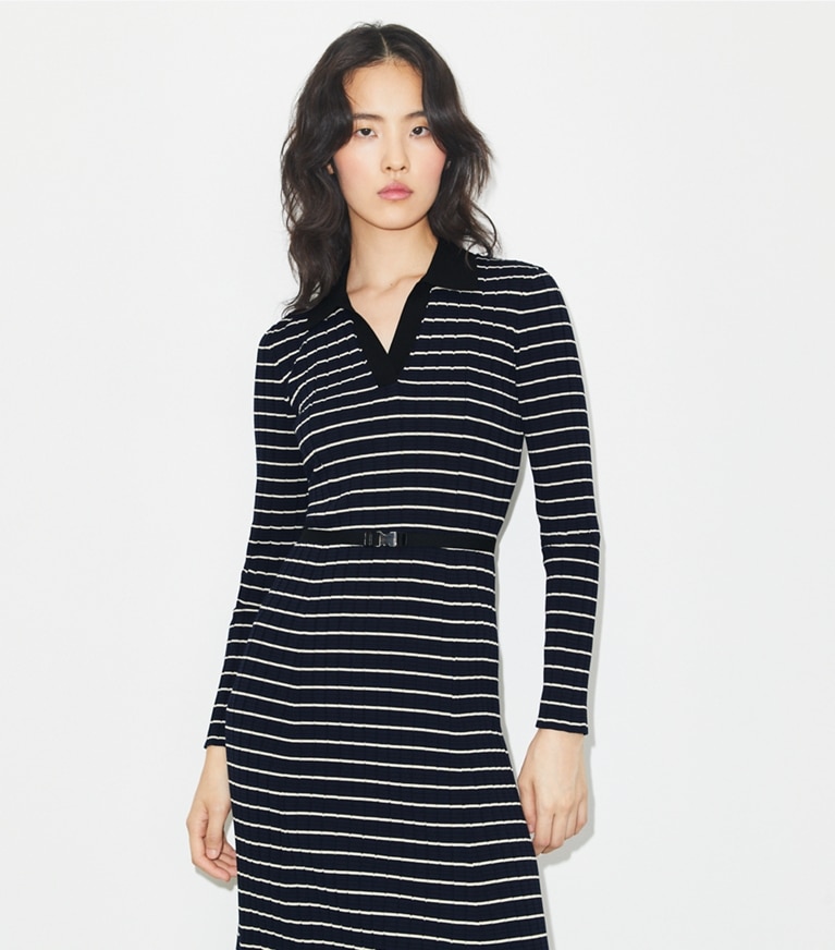 Tory Burch designer dresses Cotton Knit Polo Dress in Navy Classic Stripe front