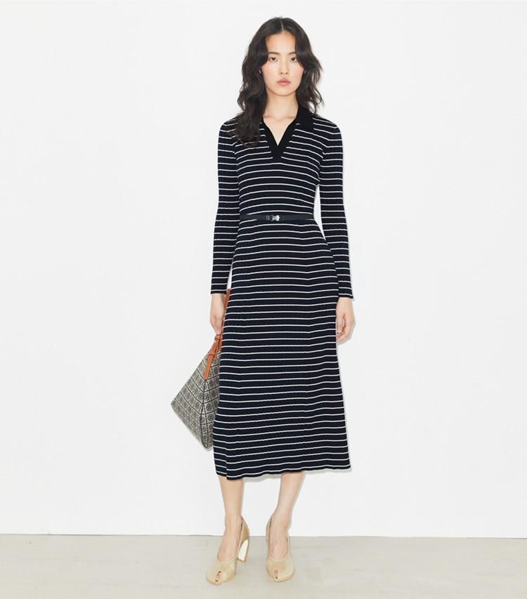 Tory Burch designer dresses Cotton Knit Polo Dress in Navy Classic Stripe on model front