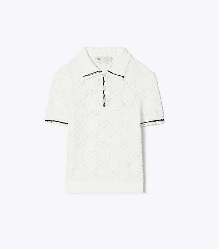 Tory Burch designer セーター コットンレース ポロトップス in White front