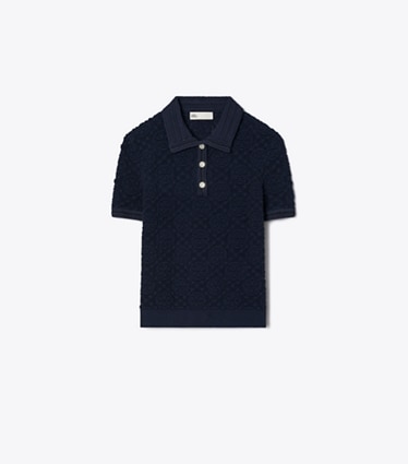 Tory Burch designer セーター コットンレース ポロトップス in Dark Sea Navy front