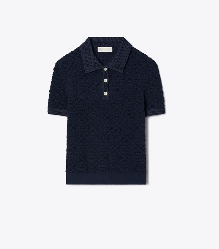 Tory Burch designer セーター コットンレース ポロトップス in Dark Sea Navy front