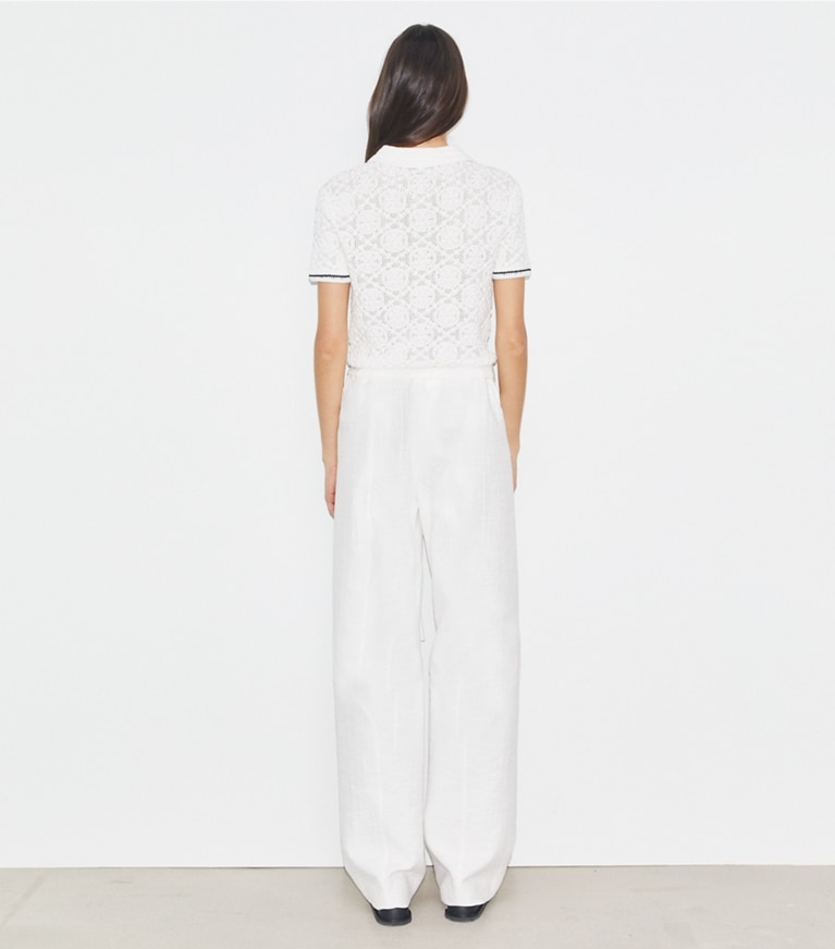Tory Burch designer セーター コットンレース ポロトップス in White front