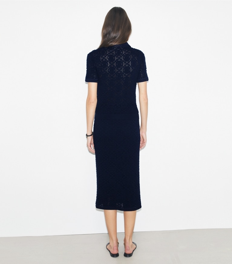 Tory Burch designer セーター コットンレース ポロトップス in Dark Sea Navy front
