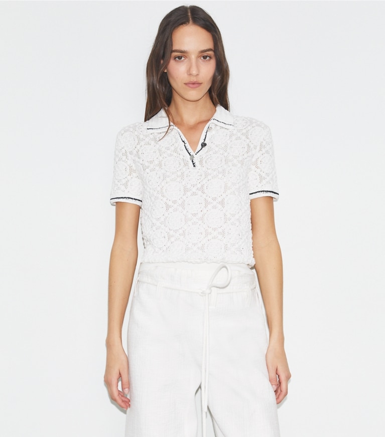 Tory Burch designer セーター コットンレース ポロトップス in White front