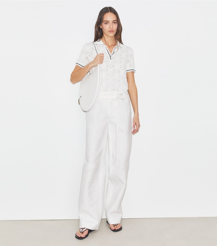 Tory Burch designer セーター コットンレース ポロトップス in White モデル前面