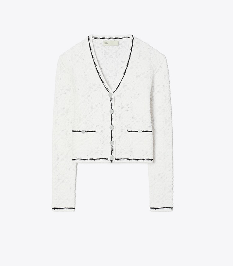 Tory Burch designer sweaters Cotton Logo Lace Cardigan in White front