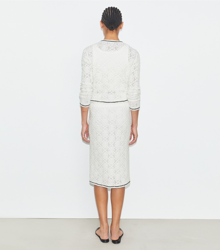 Tory Burch designer sweaters Cotton Logo Lace Cardigan in White front