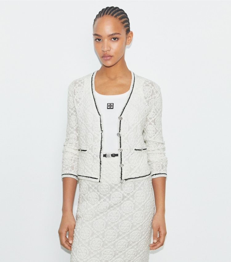 Tory Burch designer sweaters Cotton Logo Lace Cardigan in White on model detail