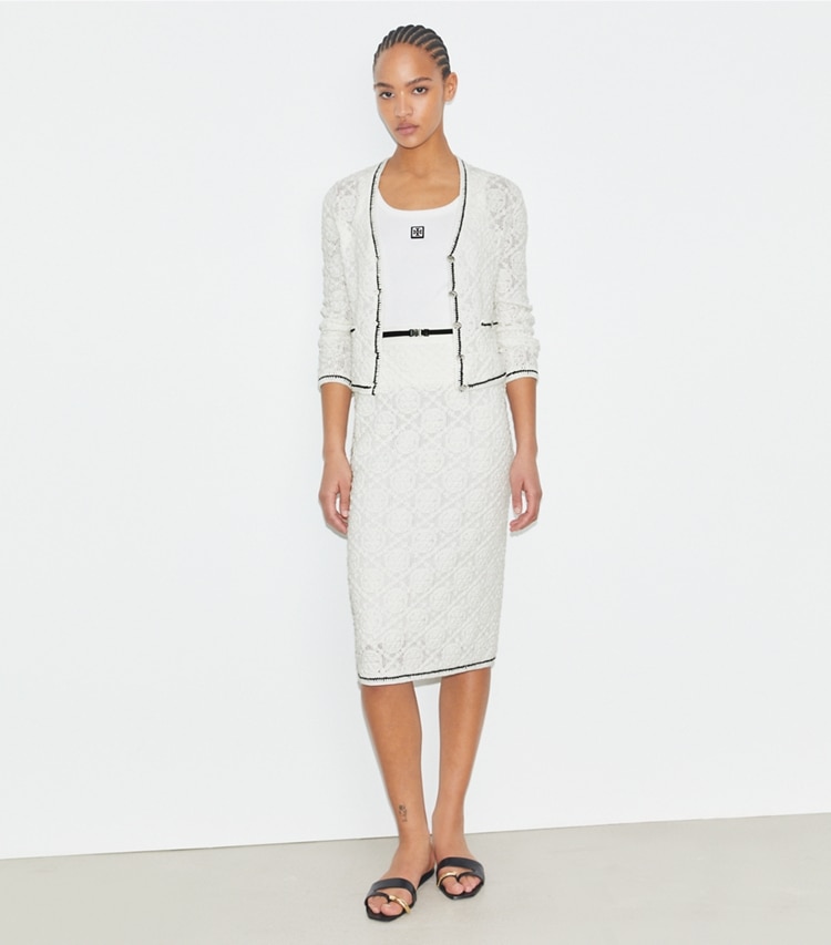Tory Burch designer sweaters Cotton Logo Lace Cardigan in White on model front
